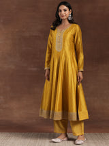 Women's Mustard Zari Embroidered Floral a-line Kurta With Palazzo and Dupatta
