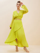 Women's Lime Green Crop Top With Accordion Pleated Overlap Assymetric Skirt