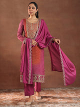 Women's Pink Bandhani Printed Straight Kurta With Trouser and Silk Chiffon Dupatta