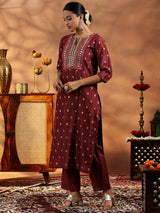 Women's Brown Ethnic Motif Kurta With Solid Trouser and Floral Printed Dupatta