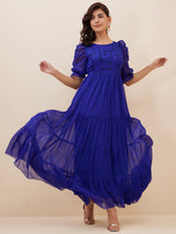 Women's Cobalt Blue Embellished Puff Sleeves Chiffon Fit and Flare Maxi Dress