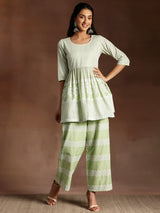 Women's Green Chevron Embroidered A-line Tunic With Embroidered Wide Leg Palazzo