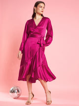 Women's Pink Puff Sleeve Laye Satin Wrap Midi Opaque Party Dress