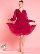Women's Red Embellished Bell Sleeve Laye Chiffon Fit & Flare Party Dress