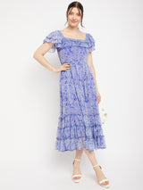 Women's Blue Square Neck Abstract Printed Tie Embellished Chiffon Fit & Flare Midi Dress