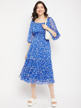 Women's Cobalt Blue Square Neck Floral Printed Smocked Tie Chiffon Fit & Flare Midi Dress