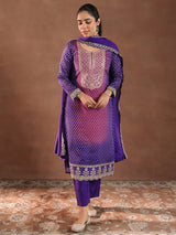 Women's Purple Bandhani Printed Straight Kurta With Trouser and Chiffon Dupatta