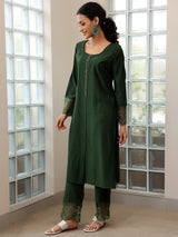 Women's Dark Green Panelled Kurta With and Trouser With Embroidered Hem & Dupatta