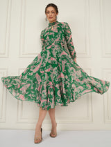 Women's Green Floral Printed Chiffon High Neck Fit & Flare Midi Dress