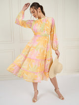 Women's Yellow Floral Printed Pleated Puff Sleeves Tie Chiffon Fit & Flare Midi Dress
