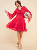 Women's Red V-Neck Fla Sleeve Sequinned Fit & Flare Dress