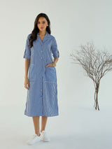 Women's Blue & White Casual Stripe Notched Lapel Midi Dress