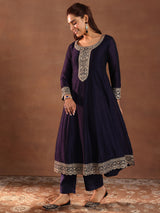 Women's Purple Floral Zari Embroidered Kurta With Solid Trouser and Dupatta