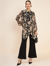Women's Black & Beige Printed Embellished Top & Trousers