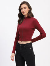 Women's Wine Casual Full Sleeve Ribbed Mock Neck Zipped Bodycon Top