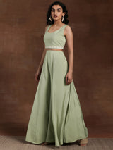 Women's Green Solid Crop Top with Solid Wide Leg Palazzos and Floral Embroidered Long Shrug