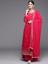 Women's Hot Pink Georgette Embroidered High Slit Kurta With Palazzo and Dupatta