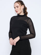 Women's Black Casual Full Sleeve Band Neck Embellished Solid Mesh Top