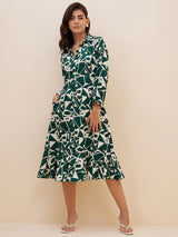 Women's Green Geometric Printed Shirt Midi Dress