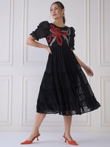 Women's Black Embroide Round Neck Puff Sleeve Tie Fit & Flare Midi Dress