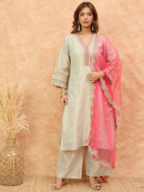 Women's Green Ethnic Paired Kurta Set With Net Dupatta