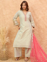 Women's Green Ethnic Paired Kurta Set With Net Dupatta