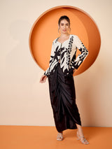 Women's Black & White Floral Square Neck Printed Top & Skirt