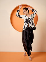 Women's Black & White Floral Square Neck Printed Top & Skirt