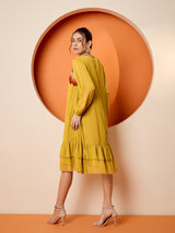 Women's Yellow Chiffon Embroide A-Line Knee Length Dress