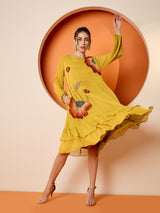 Women's Yellow Chiffon Embroide A-Line Knee Length Dress