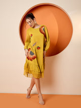 Women's Yellow Chiffon Embroide A-Line Knee Length Dress