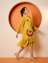 Women's Yellow Chiffon Embroide A-Line Knee Length Dress