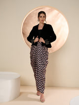 Women's Black Embellished Shawl Neck Jacket With Skirt