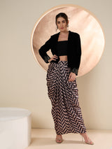 Women's Black Embellished Shawl Neck Jacket With Skirt