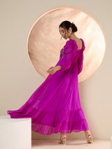 Women's Purple Puff Sleeve Chiffon Embroide Maxi Dress