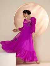 Women's Purple Puff Sleeve Chiffon Embroide Maxi Dress