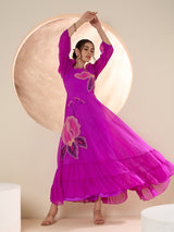 Women's Purple Puff Sleeve Chiffon Embroide Maxi Dress