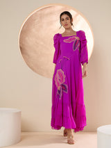 Women's Purple Puff Sleeve Chiffon Embroide Maxi Dress