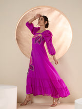 Women's Purple Puff Sleeve Chiffon Embroide Maxi Dress