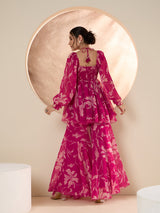Women's Pink Floral Printed Square Neck Tunic & Sharara