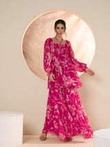 Women's Pink Floral Printed Square Neck Tunic & Sharara