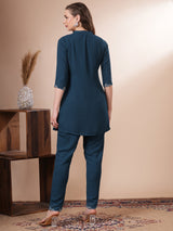 Women's Blue Solid Khari Abstract Printed Embroidered Straight Fit Co-ord Set