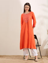 Women's Orange Solid Mirror Embroidered A-Line Flared Kurta