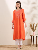 Women's Orange Solid Mirror Embroidered A-Line Flared Kurta