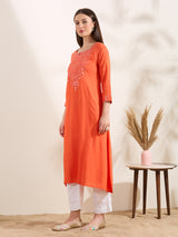 Women's Orange Solid Mirror Embroidered A-Line Flared Kurta