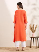 Women's Orange Solid Mirror Embroidered A-Line Flared Kurta