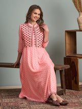 Women's Peach Ethnic Printed Anarkali Flared Kurta with Embroidered Short Jacket and Pant