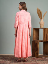Women's Peach Ethnic Printed Anarkali Flared Kurta with Embroidered Short Jacket and Pant