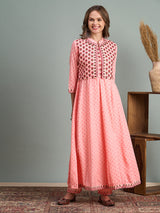 Women's Peach Ethnic Printed Anarkali Flared Kurta with Embroidered Short Jacket and Pant