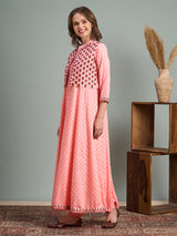 Women's Peach Ethnic Printed Anarkali Flared Kurta with Embroidered Short Jacket and Pant